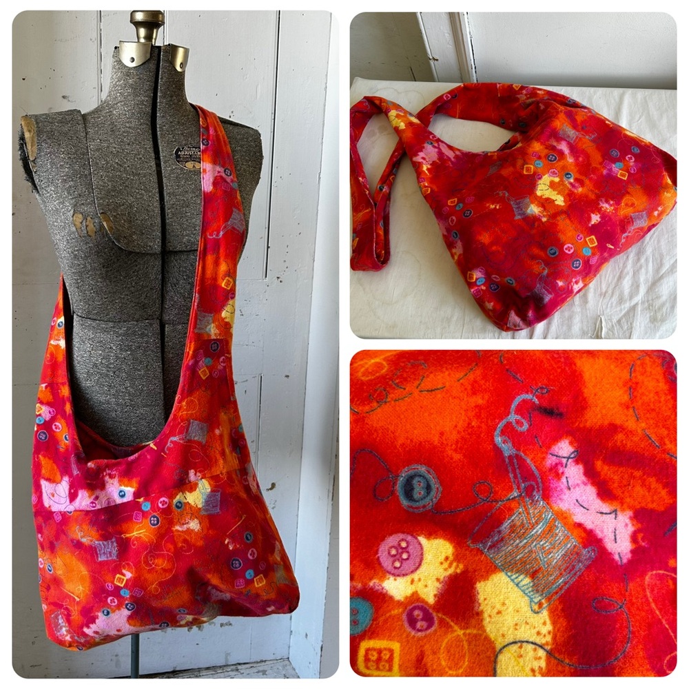 Vintage Flannel Thread & Needle Button Graphic Sewing Tote Shoulder Bag